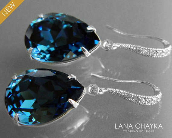 زفاف - Navy Blue Montana Crystal Earrings Swarovski Rhinestone Dangle Earrings Wedding Blue Silver Earrings Bridal Bridesmaid Dark Blue Jewelry