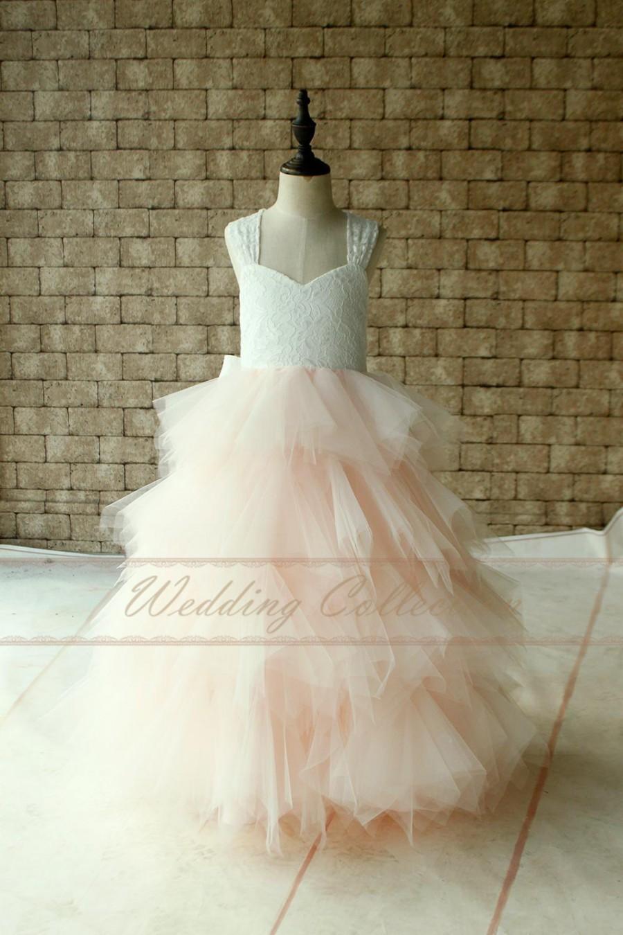 Hochzeit - Ivory Lace Top with Light Pink Skirt Flower Girl Dress Cross Back Tulle Ball Gown Floor Length