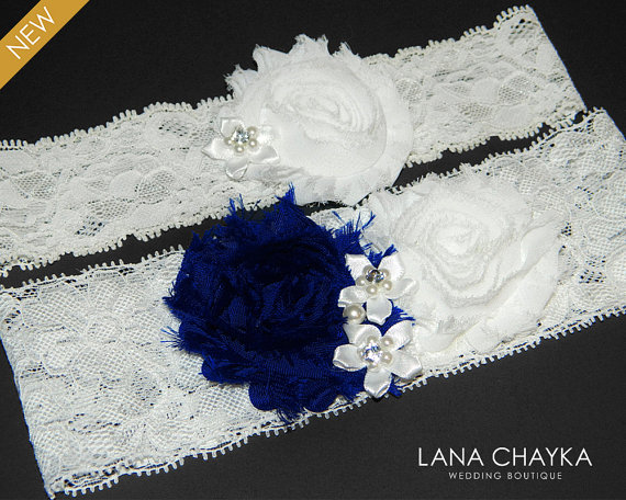 Hochzeit - Wedding Garter Set Bridal Lace Garter Ivory Royal Blue White Garter Set Shabby Flower Garter Set Rustic Garter Sets Bridal Keepsake Garter