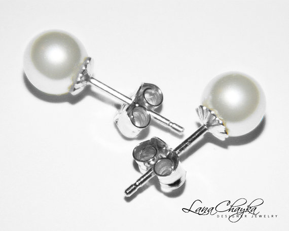 Mariage - White Pearl Small Stud Earrings Flower Girl Pearl Earrings Wedding Pearl Earrings Swarovski Pearl 925 Sterling Silver White Pearl Earrings