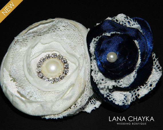Hochzeit - Flower Gilr Hair Clip Flower Fascinator Navy Blue Light Ivory Hair Clip Floral Head Piece Wedding Hair Clips Flower Girl Hair Accessories