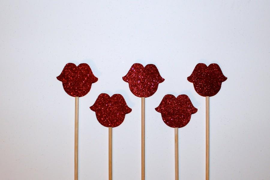 Mariage - Lips Photo Booth Props - 5 Red Glitter Lips