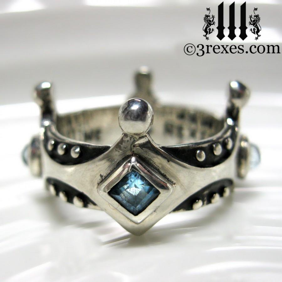 Wedding - Silver Crown Engagement Ring Brandy Wine Gothic Medieval Band Blue Topaz Size 9