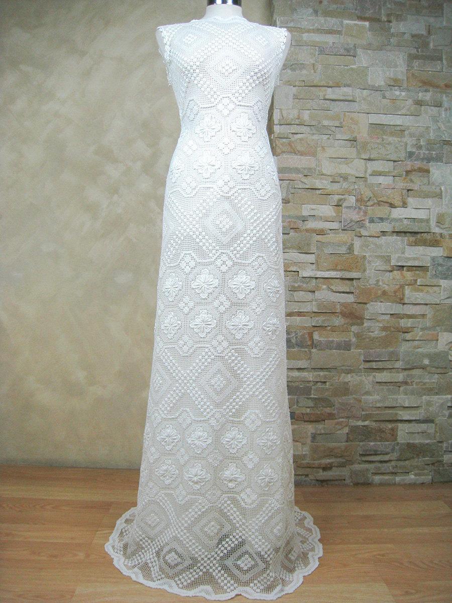 Mariage - Exclusive white lace wedding dress, wedding dress made from vintage knotted filet lace, boho wedding dress