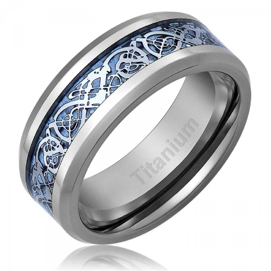 زفاف - Men's Celtic Dragon Titanium Wedding Ring Engagement Band Blue 8 MM Comfort Fit