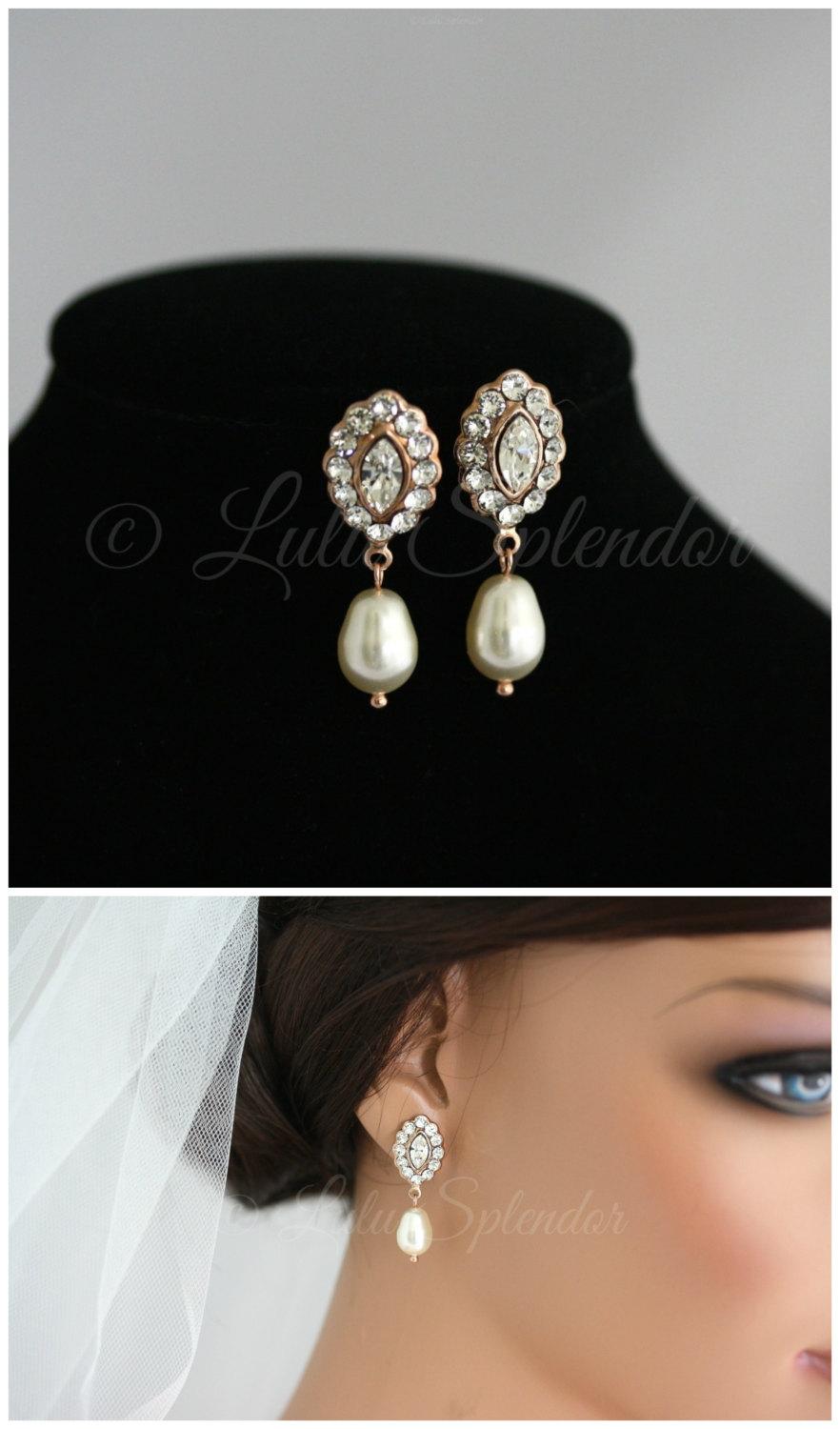زفاف - Rose Gold Bridal Earrings  Pearl Drop Bridal Earrings Simple Wedding Earrings Swarovski Crystal Earrings MAE DROP