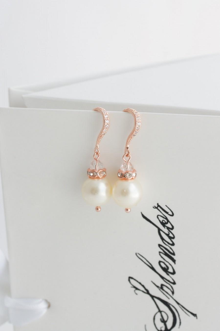 Mariage - Bridal Pearl Earrings Simple Wedding Earrings Rose Gold Pearl Drop Earrings Crystal Hook Wedding Jewlery SIMPLE NEVE