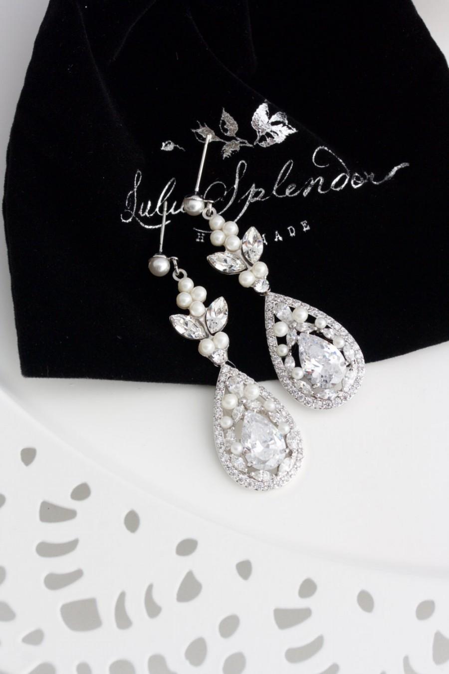 زفاف - Crystal Bridal Earrings Teardrop Wedding Earrings Cubic Zirconia Long Earrings Wedding Jewelry Swarovski Crystal Wedding Jewelry VIVIENNE