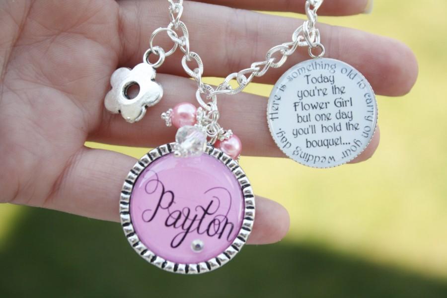 Mariage - Flower Girl Gift Personalized Charm Bracelet unique keepsake sentimental quote or personal message and color of choice pink flower charm