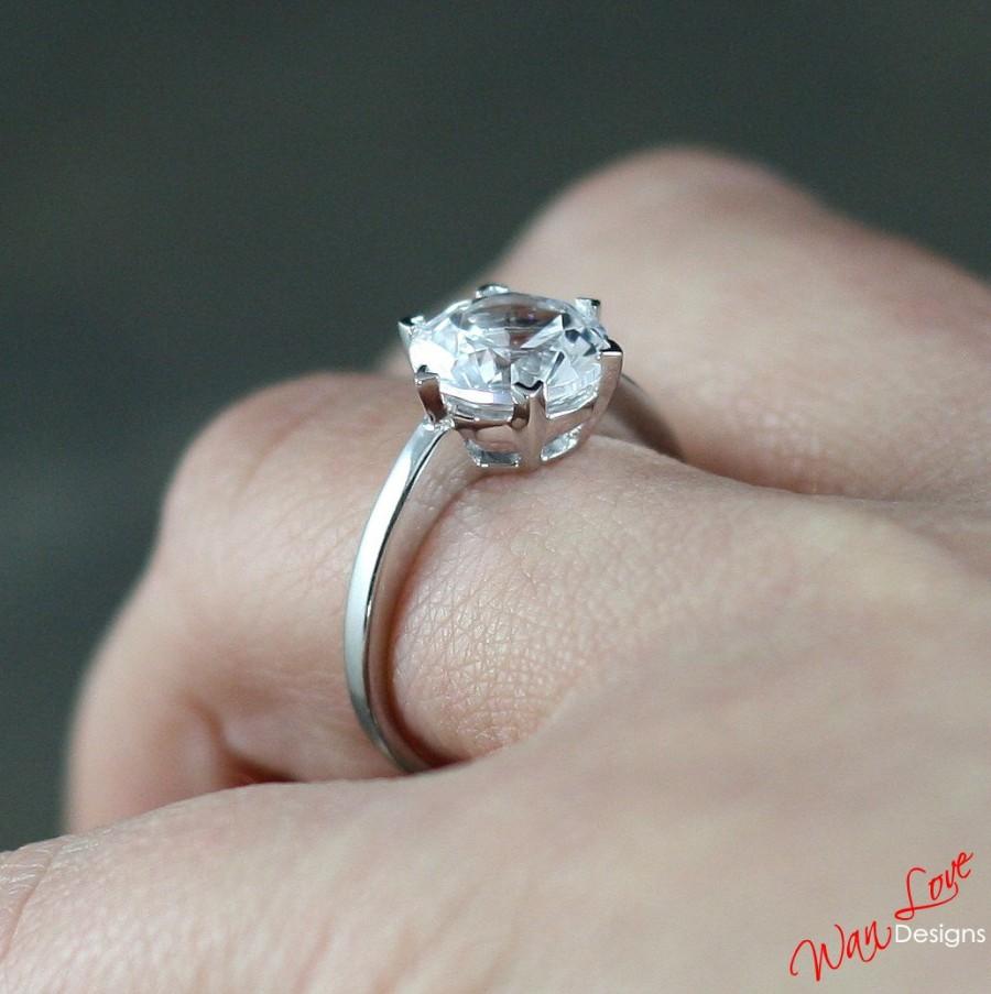 Hochzeit - White Topaz Engagement Ring Solitaire 3.5ct 9mm 14k 18k White Yellow Rose Gold-Platinum-Custom made your size-Wedding-Anniversary-10k