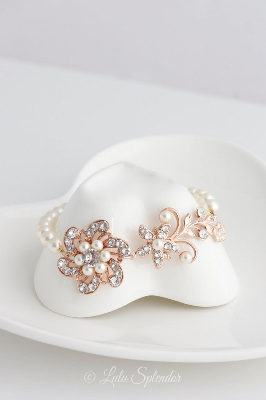Mariage - Rose Gold Wedding Bracelet Pearl Bridal Bracelet Swarovski Pearl Crystal Flower Vintage Wedding Jewelry SABINE FINE