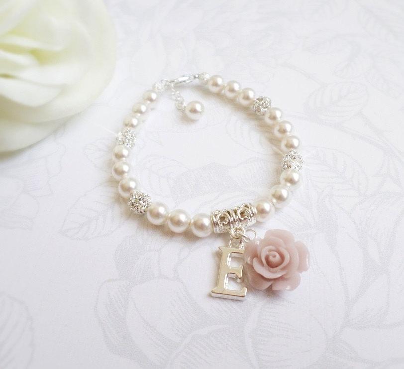 Свадьба - Personalized Rose And Pearl Flower Girl Bracelet With Rhinestones Flower Girl Gift Flower Girl Pearl And Letter BraceletFREE US Shipping