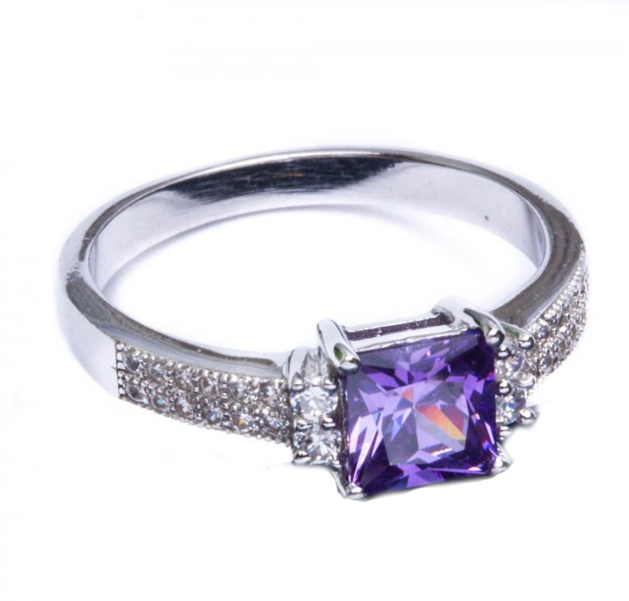Hochzeit - Classic Wedding Engagement Ring Solitaire Accent 1.24CT Princess Cut Square Purple Amethyst Round Clear CZ Solid 925 Sterling Silver