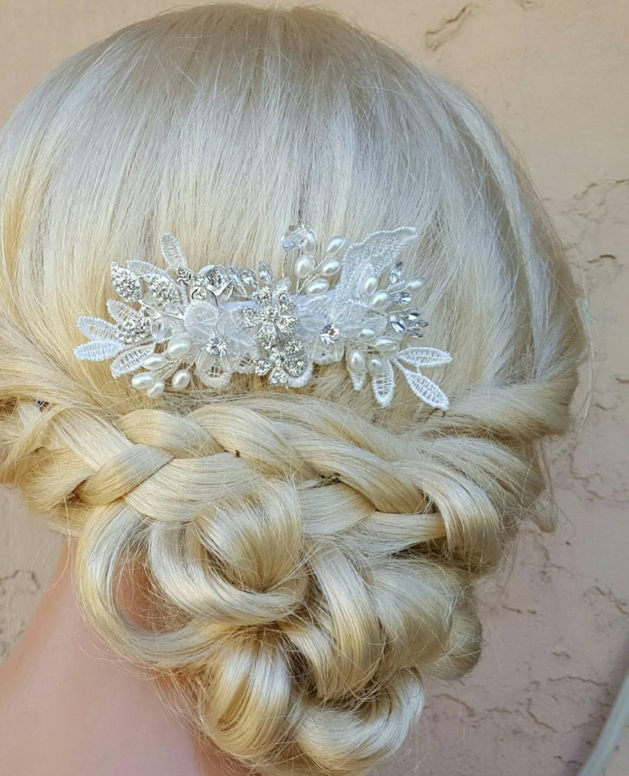 Wedding - Bridal Hair Comb, Wedding Comb, Decorative Comb, Floral Wedding Comb, Rhinestone  BridComb, Silver Wired,  Off White Pearls, KathyJohnson