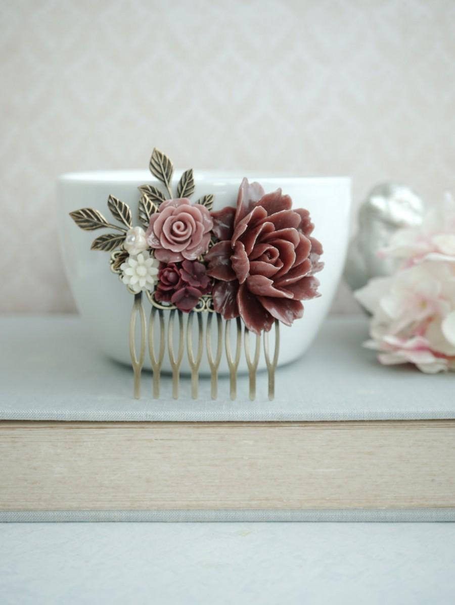 Mariage - Garnet Red Flower Comb Marsala Ivory Hair Comb Wedding Comb Brown Maroon Dark Red Gold Leaf Branch Flower Bridal Hair Comb Bridesmaid Gift