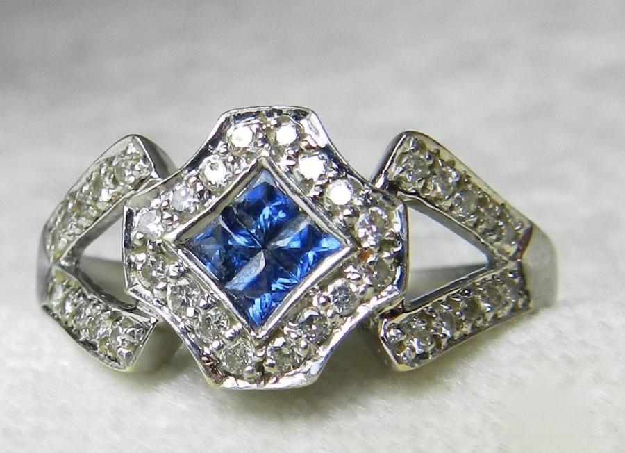 Wedding - Sapphire Ring Engagement Ring Art Deco Ring 0.50 Carat Natural Sapphires 0.18 cttw round brilliant cut Diamonds 18k White Gold