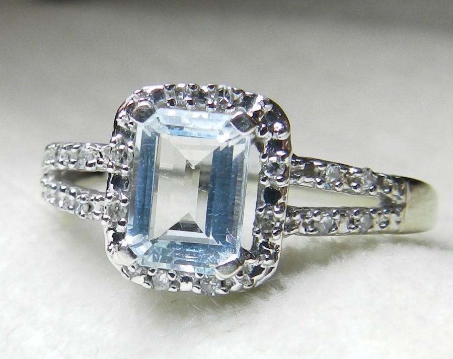Hochzeit - Aquamarine Ring 0.80 Carat Emerald Cut Aquamarine Engagement Ring 0.08cttw Diamond Halo Ring Unique Engagement Ring white gold ring