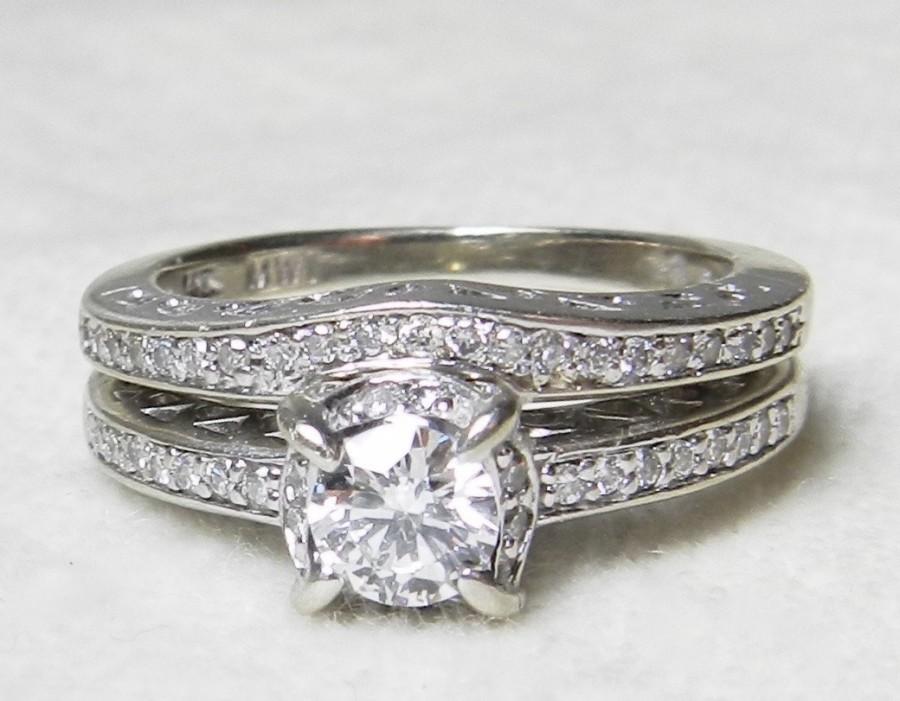 Mariage - Art Deco Wedding Ring Set Diamond Engagement Ring matching wedding band 0.45 cttw 14k white gold Wedding Ring set Diamond Ring