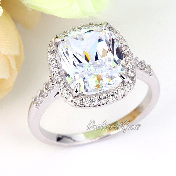 زفاف - 6 Carat Wedding Bridal Engagement Ring Rectangle Cushion Cut Lab Made Diamond Halo 925 Sterling Silver