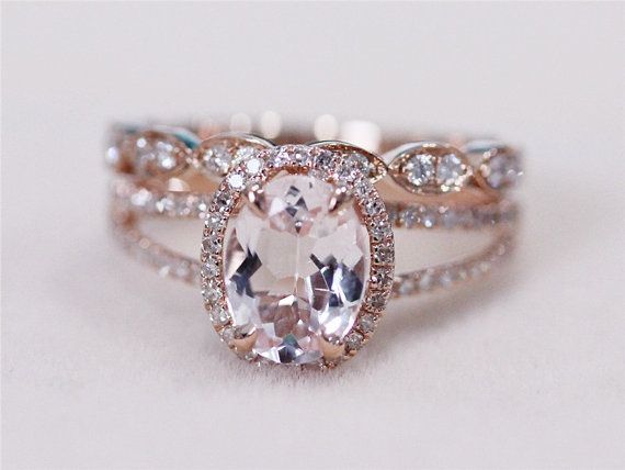 Wedding - 2 Rings Set - VS 6x8mm Pink Morganite Ring With Diamond Matching Band Wedding Ring Set 14K Rose Gold Morganite Ring Diamond Engagement Ring