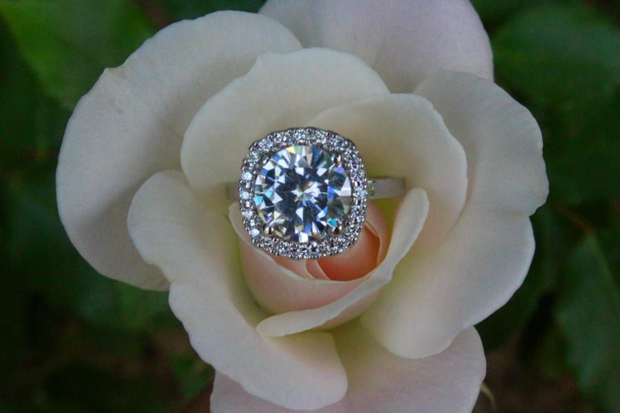 Hochzeit - 3 carat Round 9mm Forever One Moissanite & Cushion Diamond Halo - 3 Carat Moissanite Engagement Ring 14k White Gold