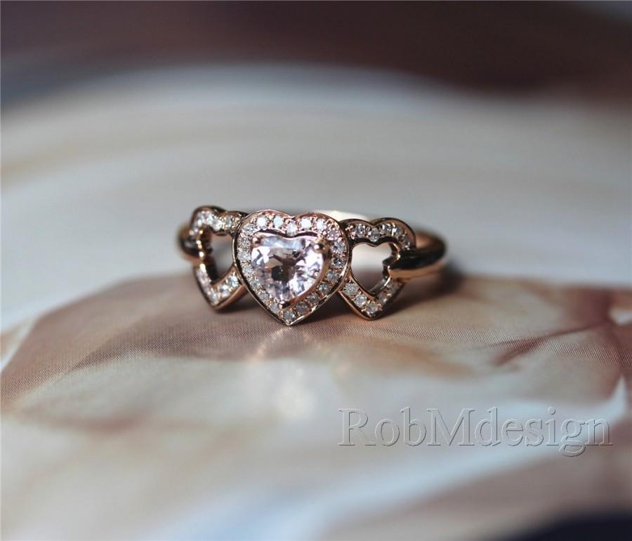 Hochzeit - 14K Rose Gold 3 herats cut Ring 0.4ctw Natural Morganite Ring Engagement Ring diamond Gemstone Ring Wedding Ring