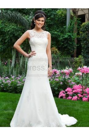 Hochzeit - Sheer Lace Neckline Chiffon A-line Bridal Dress By Sincerity 3730