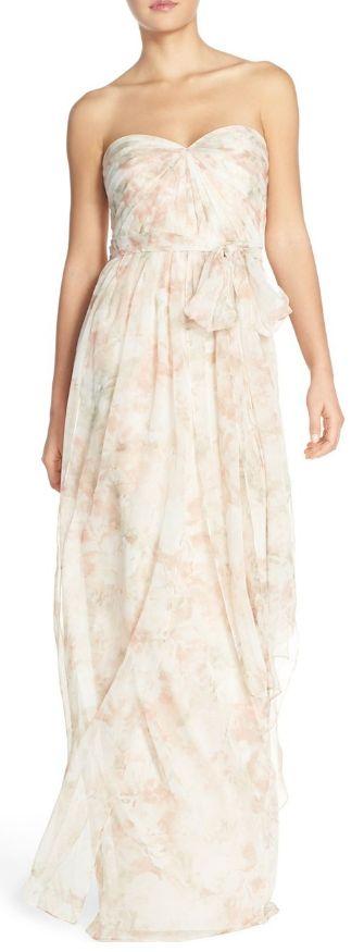 زفاف - 'Nyla' Floral Print Convertible Strapless Chiffon Gown