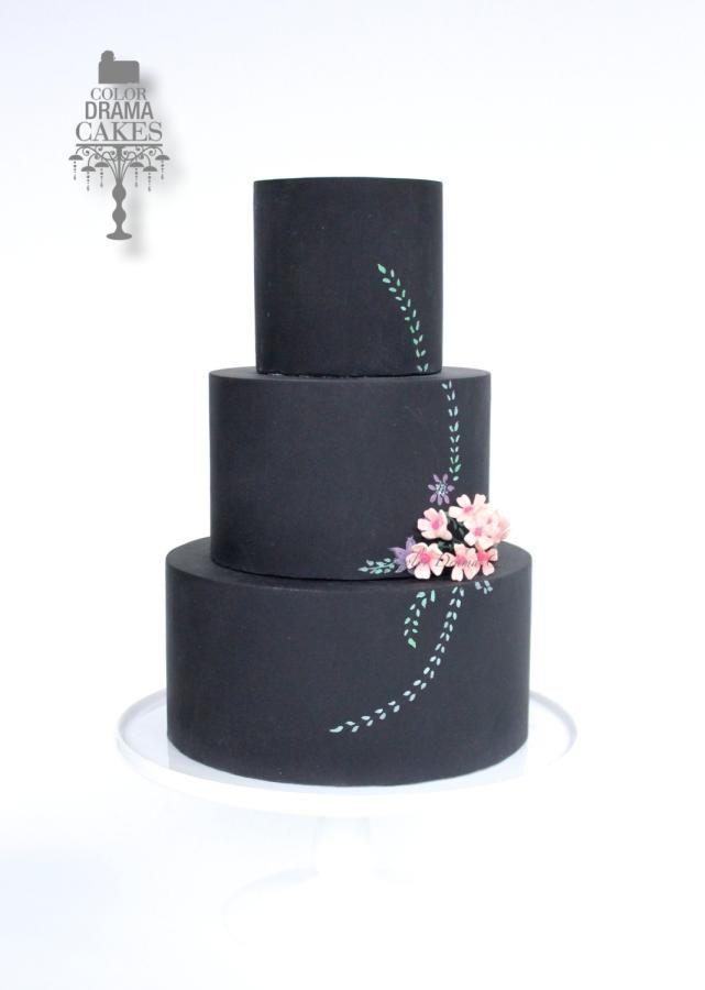 Wedding - Chalk Board Cake With Hand Painted Flowers, Leaves With Sugar Flower