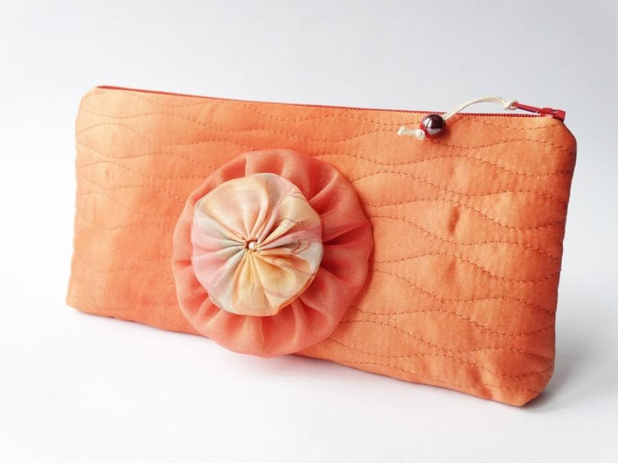 زفاف - Clutch with Flower, Ombre Orange Satin Clutch, Gift for Teen Girl, Valentine's Gift for Her, Flower Girl Gift
