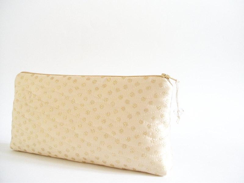 Свадьба - Gold Wedding Clutch, Gold Polka Dots Clutch, Bridesmaids Bag, Cosmetic Purse for Bride, Champagne Gold Clutch