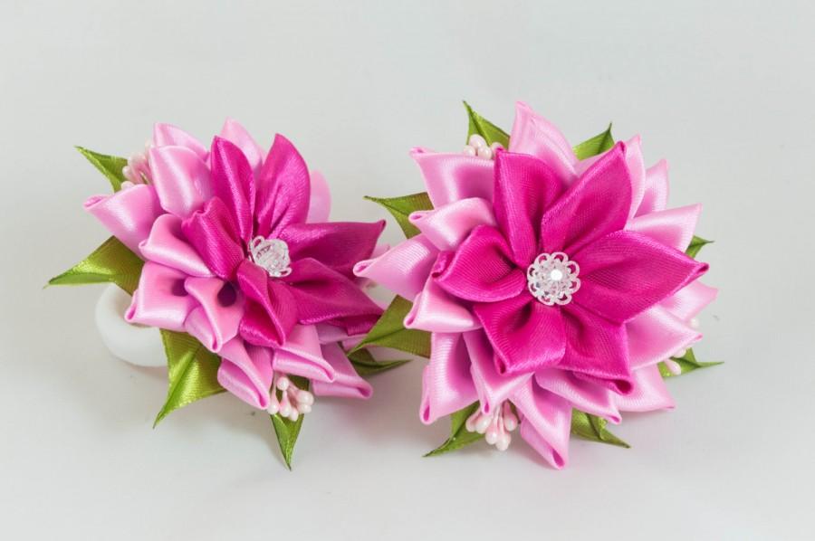 Mariage - Elastic bands for hair scrunchies peach flower handmade kanzashi hair clips gift for girls hair accessories fabric flower