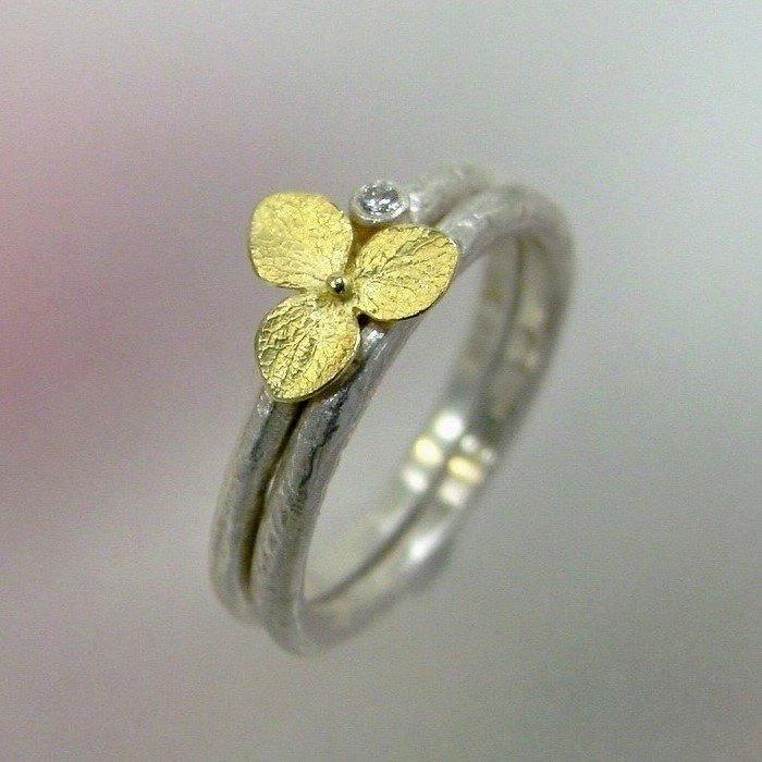 Hochzeit - Wedding Ring Set, Diamond Engagement Ring, Hydrangea Ring, Matching Wedding Band, Sterling Silver, 18k Gold, Made to order