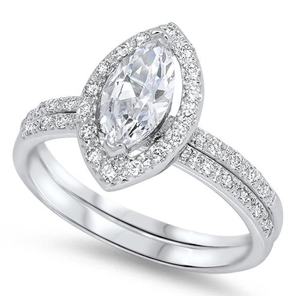 925 Silver 1.60 Ct Marquise Diamond Engagement Wedding Band Ring Bridal Set 