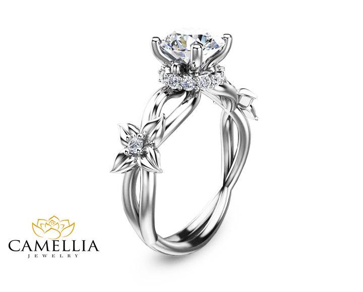 زفاف - Flower Design Diamond Engagement Ring in 14K White Gold Unique Diamond Bridal Ring Flower Engagement Ring