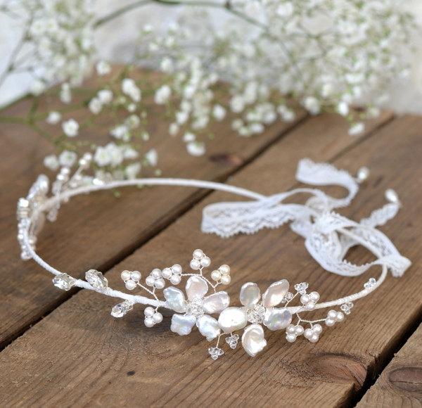 Mariage - bridal wedding headpiece, bridal hair accessory, floral hair vine, bridal flower crown, wedding headband, bridal pearl tiara, forehead halo