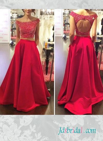 زفاف - PD16056 two pieces separated red prom dress with pockets