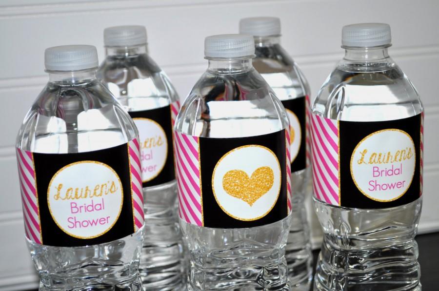 Hochzeit - Bridal Shower Water Bottle Labels - Bachelorette Party - Pink, Black and Gold - Kate Spade Inspired Bridal Shower Wedding - Set of 10