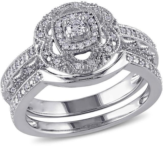 Hochzeit - Ice 1/3 CT Diamond TW Silver Bridal Ring Set