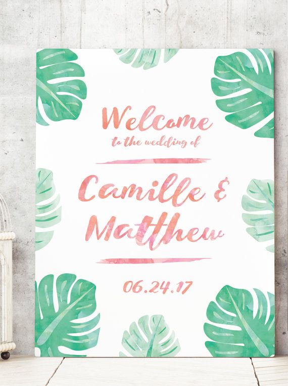 زفاف - Tropical Wedding Welcome Sign With Watercolor Palm Leaves For Tropical Wedding Theme