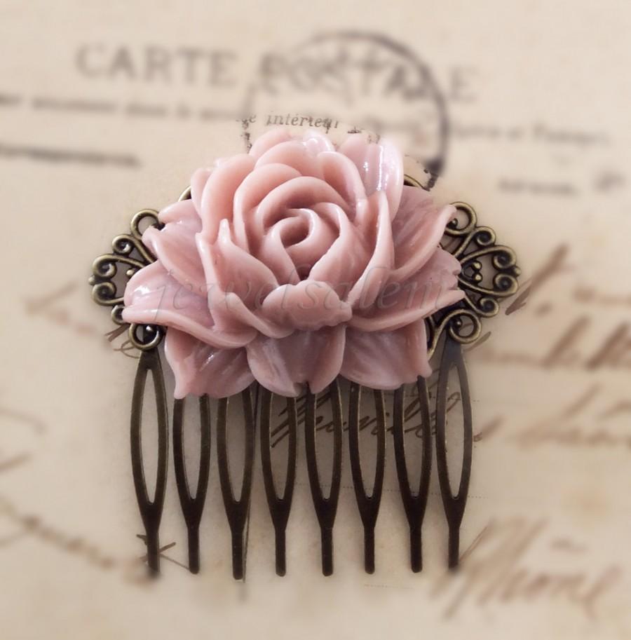 Hochzeit - Pink Flower Hair Comb Wedding Pastel Pink Blush Large Rose Hair Pin Misty Mauve Dreamy Bridal Floral Hair Accessories Bridesmaid Gift