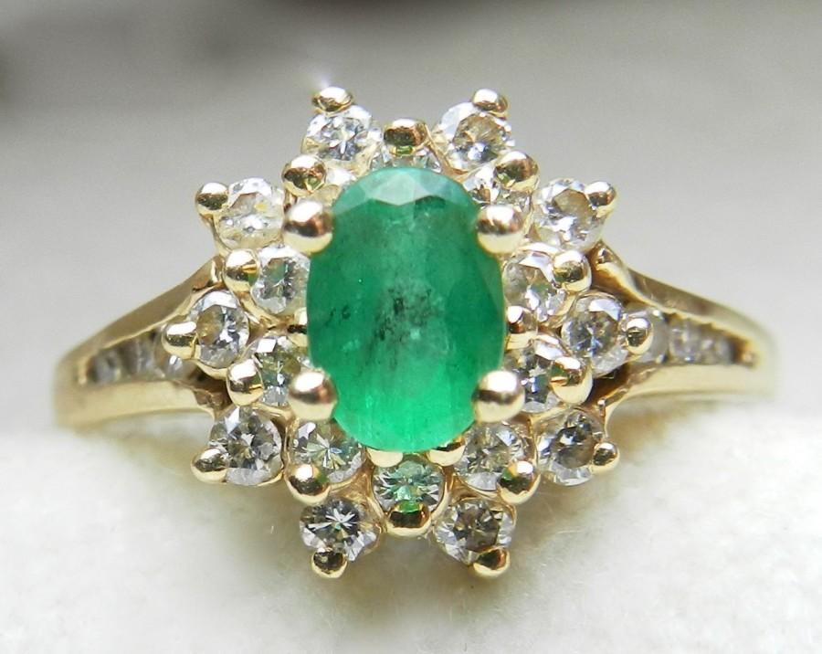 Hochzeit - Emerald Ring 14k Emerald Engagement Ring Unique Engagement Ring 1 Ct Emerald Diamond Ring 14K Diamond Halo Ring May Birthday