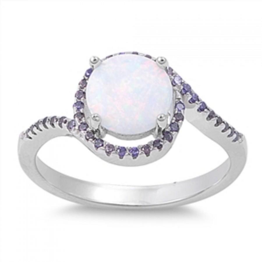 Mariage - White Opal Ring Round Lab White Opal Swirl Design Halo Micro Pave Round Amethyst CZ Solid 925 Sterling Silver Wedding Engagement Ring