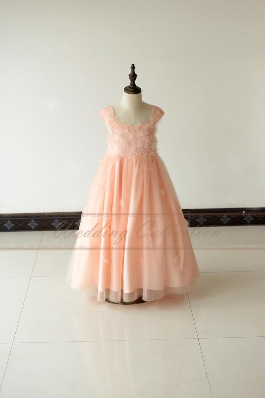 Mariage - Blush Flower Girl Dress With Handmade Flowers and Pearls