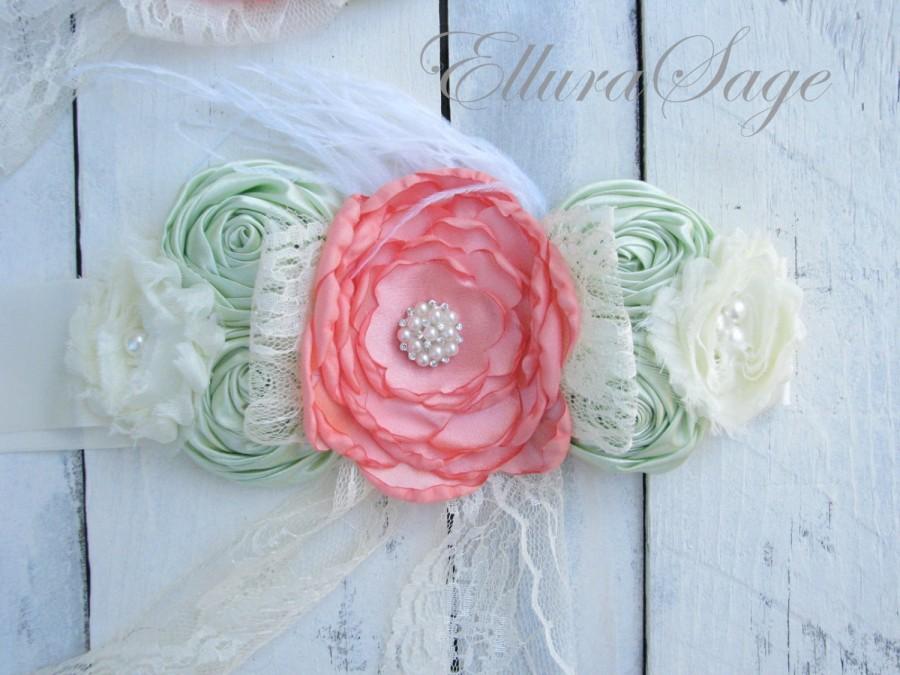 Wedding - Coral and mint Bridal Sash- Bridal belt- Rhinestone bridal sash- Vintage bridal sash- Coral wedding sash- Flower girl sash- Bridesmaid belt