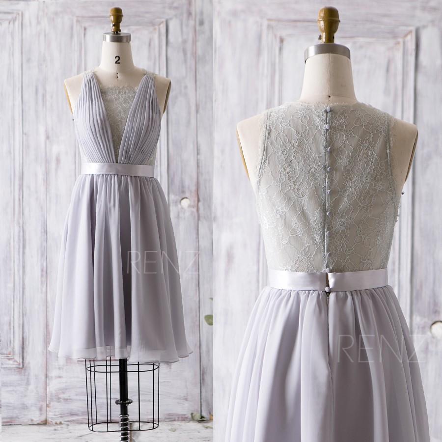Wedding - 2016 Grey Bridesmaid Dress, Short V Neck Lace Wedding Dress, Lace Back Formal Dress, Gray A Line Prom Dress, Cocktail Dress Knee (Z081)