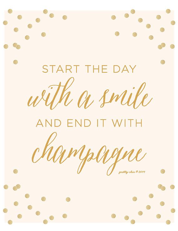 زفاف - Start The Day With A Smile And End It With Champagne Print - Happy Hour - Gold Glitter - Bar Sign