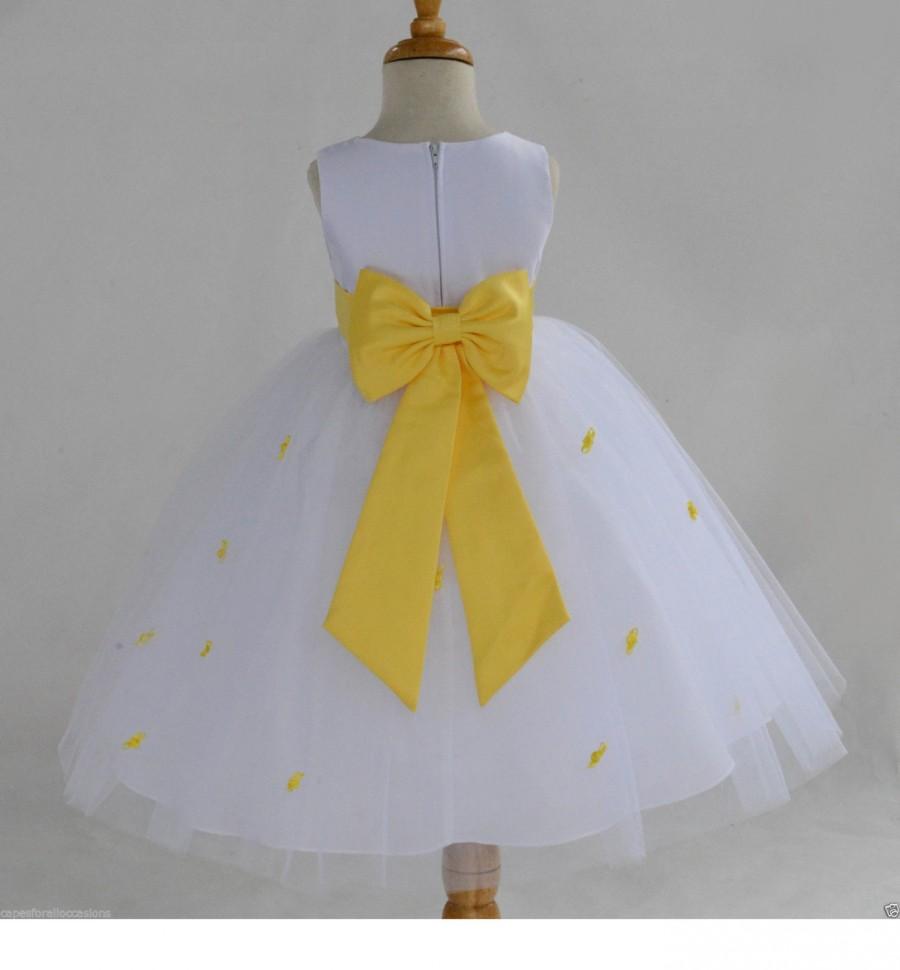 Mariage - White Sunbeam Yellow Rosebud Flower girl dress tiebow sash pageant wedding bridal recital tulle bridesmaid toddler 12-18m 2 4 6 8 10 12#815T