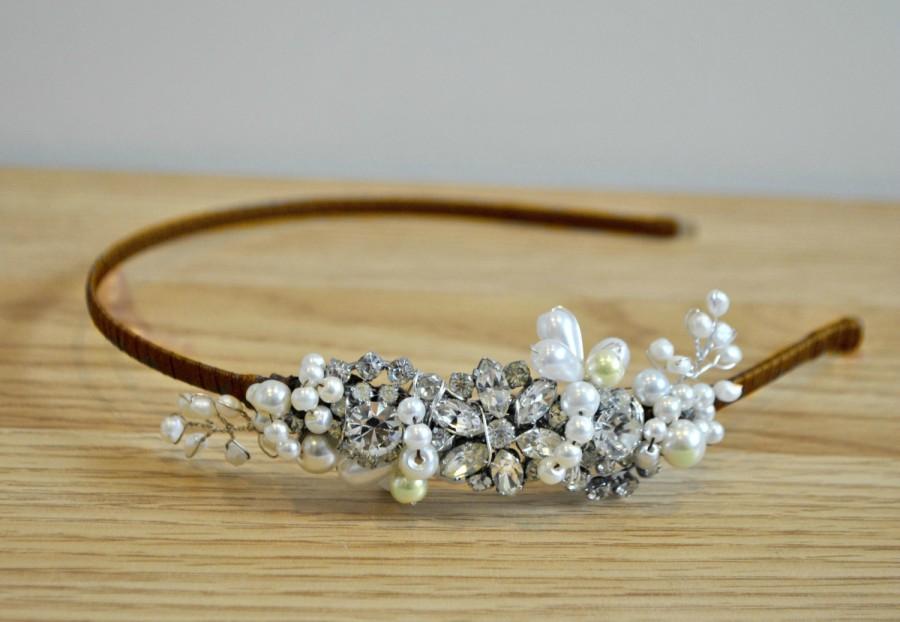 Hochzeit - Wedding headband vintage bridal  side headress diamante pearl wedding bride