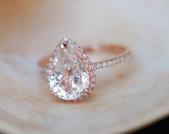 Wedding - Engagement Ring Peach Champagne Sapphire Engagement Ring 14k Rose Gold 4.3ct, Pear Cut Peach Sapphire Ring. Engagement Ring By Eidelprecious